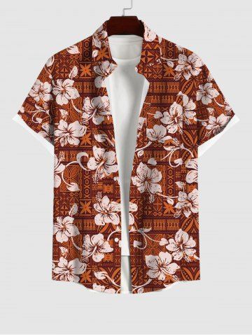 Plus Size Turn-down Collar Vintage Floral Patternblock Graphic Print Button Pocket Shirt For Men - RED - XL