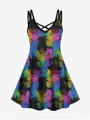 Hawaii Plus Size Colorful Pineapple Colorblock Print Crisscross Cami Dress - BLACK - XS
