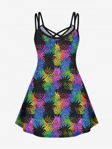 Hawaii Plus Size Colorful Pineapple Colorblock Print Crisscross Cami Dress