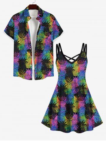 Hawaii Plus Size Colorful Pineapple Colorblock Print Crisscross Cami Dress