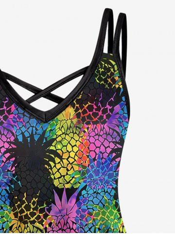 Hawaii Plus Size Colorful Pineapple Colorblock Print Crisscross Cami Dress
