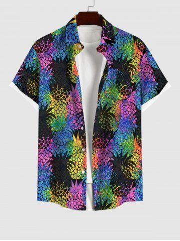 Plus Size Turn-down Collar Pineapple Colorblock Print Button Pocket Shirt For Men - BLACK - M
