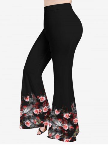 Plus Size Ombre Rose Flower Print Flare Pants