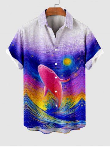 Plus Size Oil Painting Shark Sun Sea Waves Print Buttons Pocket Shirt For Men