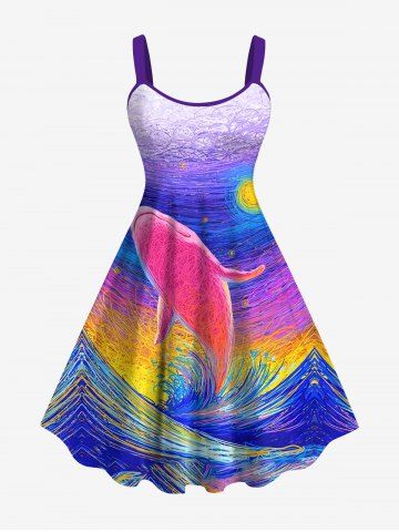Plus Size Oil Painting Sea Wave Sun Shark Print Tank Dress