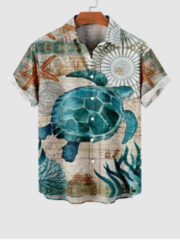 Hawaii Plus Size Starfish Turtle Sea Creaturesweed Floral Print Buttons Pocket Shirt For Men - MULTI-A - S