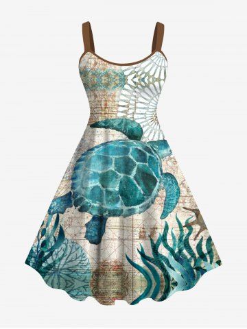 Hawaii Plus Size Turtle Sea Creaturesweed Floral Print Tank Dress - MULTI-A - XS