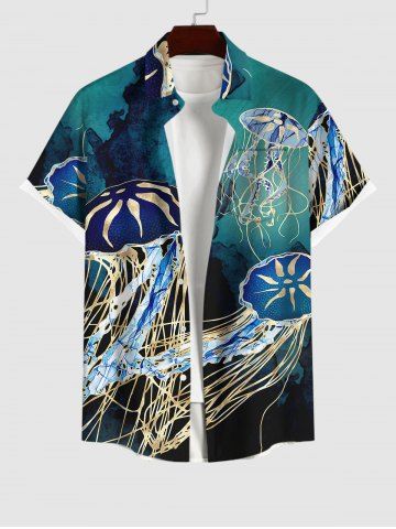 Plus Size Sea Underwater World Jellyfish Print Buttons Pocket Shirt For Men - MULTI-A - M