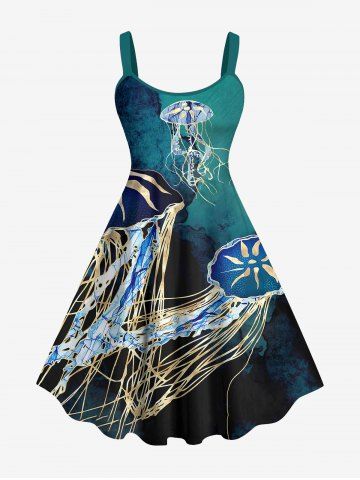 Plus Size Sea Underwater World Jellyfish Print Tank Dress - BLACK - M
