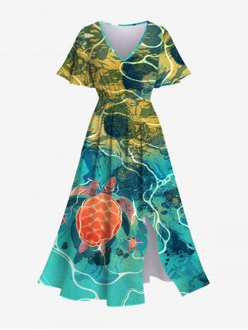 Hawaii Pocket Plus Size Underwater Sea Creatures Turtle Print Split Dress - MULTI-A - S