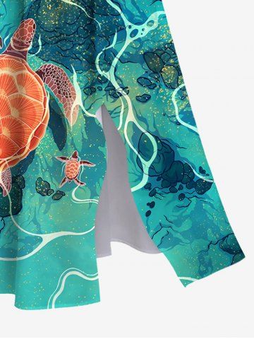 Hawaii Pocket Plus Size Underwater Sea Creatures Turtle Print Split Dress