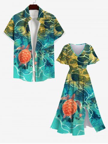 Hawaii Pocket Plus Size Underwater Sea Creatures Turtle Print Split Dress