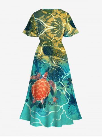 Hawaii Pocket Plus Size Underwater Sea Creatures Turtle Print Split Dress