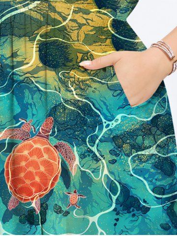 Hawaii Pocket Plus Size Underwater Sea Creatures Turtle Print Split Dress