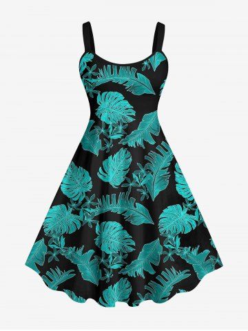 Hawaii Plus Size Coconut Tree Leaf Print Backless A Line Tank Dress - BLACK - L