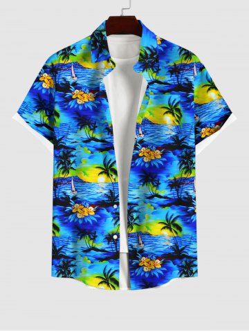 Hawaii Men's Coconut Tree Sea Sun Floral Print Button Pocket Shirt - SKY BLUE - S