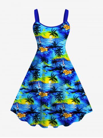 Hawaii Plus Size Coconut Tree Floral Sea Sun Print Backless A Line Tank Dress - BLUE - S