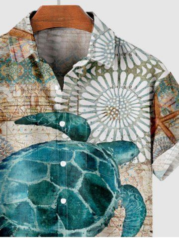 Hawaii Plus Size Starfish Turtle Sea Creaturesweed Floral Print Buttons Pocket Shirt For Men