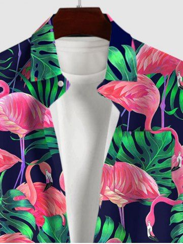 Hawaii Men's Turn-down Collar Coconut Tree Leaf Flamingo Print Button Pocket Shirt