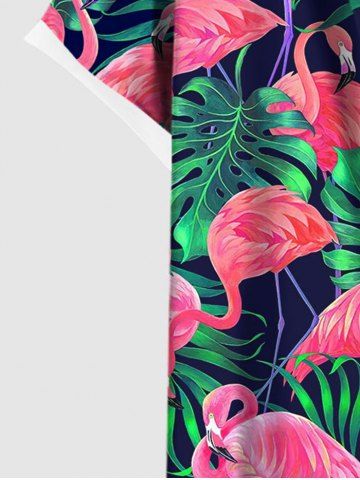 Hawaii Men's Turn-down Collar Coconut Tree Leaf Flamingo Print Button Pocket Shirt
