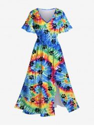 Hawaii Plus Size Spiral Watercolor Tie Dye Cat Paw Print Split A Line Beach Dress -  