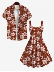 Vintage Floral Patternblock Graphic Print Backless Dress and Button Shirt Plus Size Matching Hawaii Beach Outfit for Couples -  