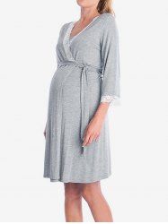 Plus Size Surplice Floral Lace Trim Maternity Nightdress With A Tie Belt -  