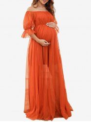 Plus Size Sheer Mesh Layered Ruched Ruffles Sleeve Off The Shoulder Maternity Dress -  