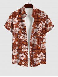 Hawaii Plus Size Turn-down Collar Vintage Floral Patternblock Graphic Print Button Pocket Shirt For Men - Rouge 4XL
