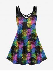 Robe à Bretelle Croisée Colorée Ananas Imprimé de Grande Taille - Noir 1X