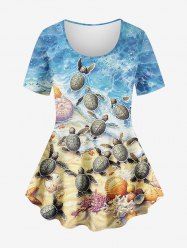 Plus Size Sea Beach Starfish Turtle Shell Print T-shirt -  