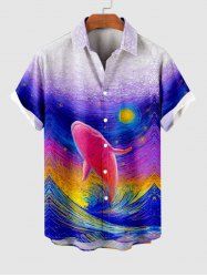 Hawaii Plus Size Oil Painting Shark Sun Sea Creatures Waves Print Buttons Pocket Shirt For Men - Multi-A L