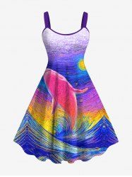 Hawaii Plus Size Oil Painting Sea Creatures Wave Sun Shark Print Tank Dress -  