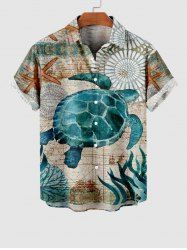 Hawaii Plus Size Starfish Turtle Sea Creaturesweed Floral Print Buttons Pocket Shirt For Men -  