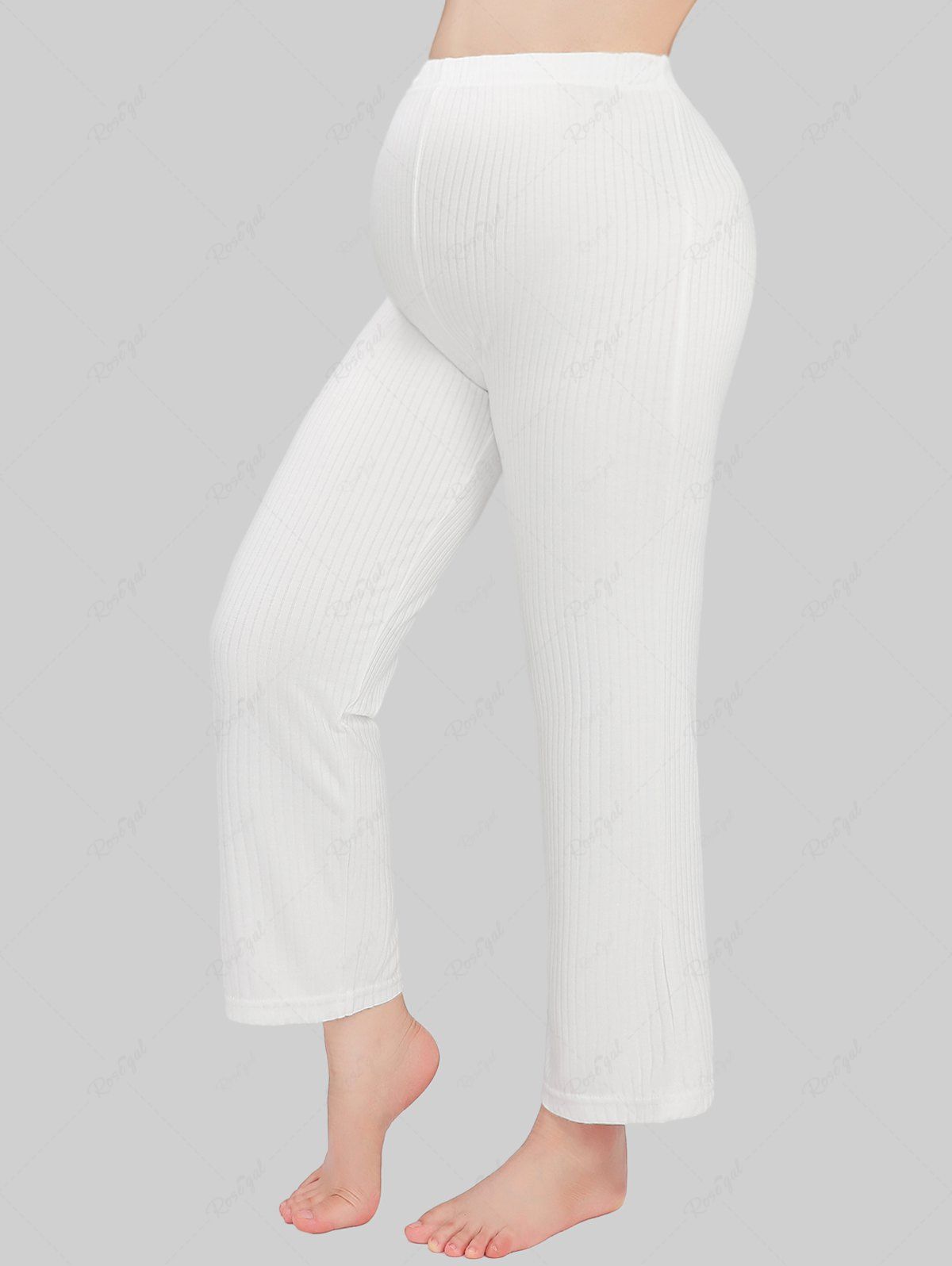 Plus Size Ribbed Textured Solid Color Adjustable Waist Maternity Pants Blanc M