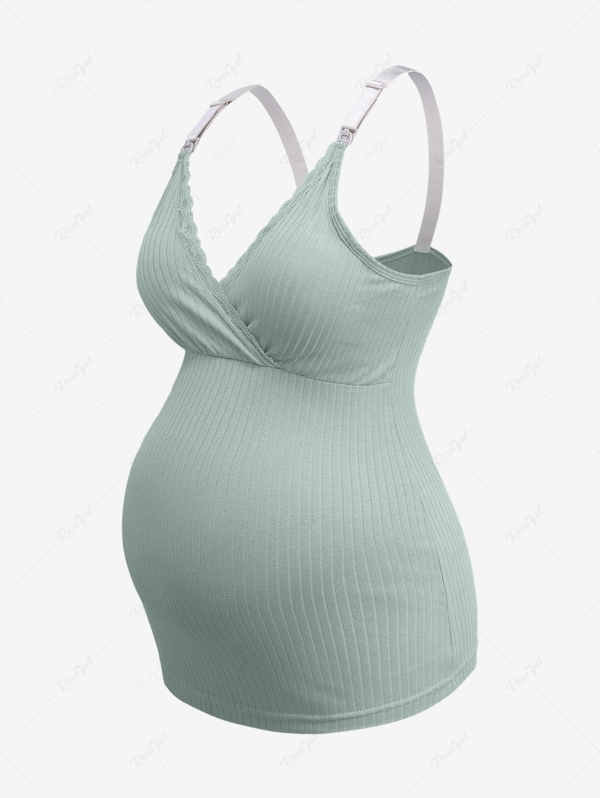 Plus Size Surplice Floral Lace Trim Ribbed Textured Maternity Cami Top Vert clair 3XL