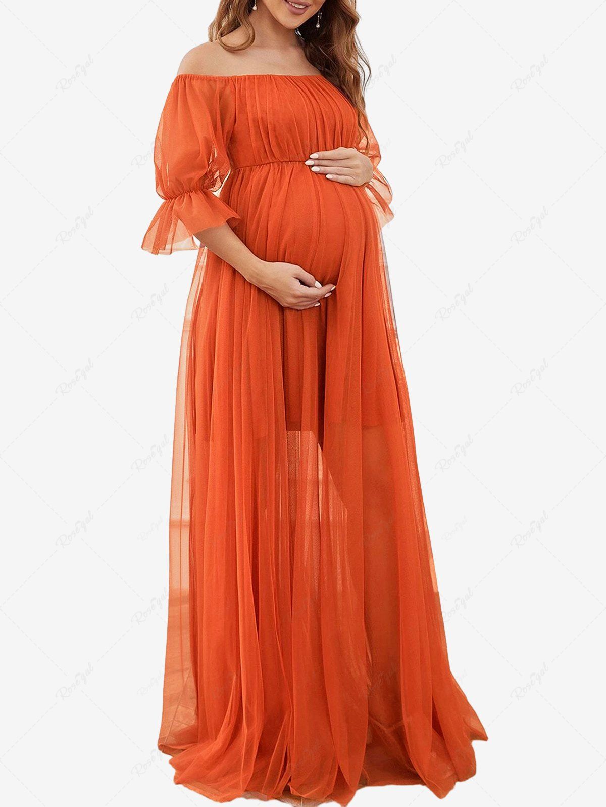 Hot Plus Size Sheer Mesh Layered Ruched Ruffles Sleeve Off The Shoulder Maternity Dress  