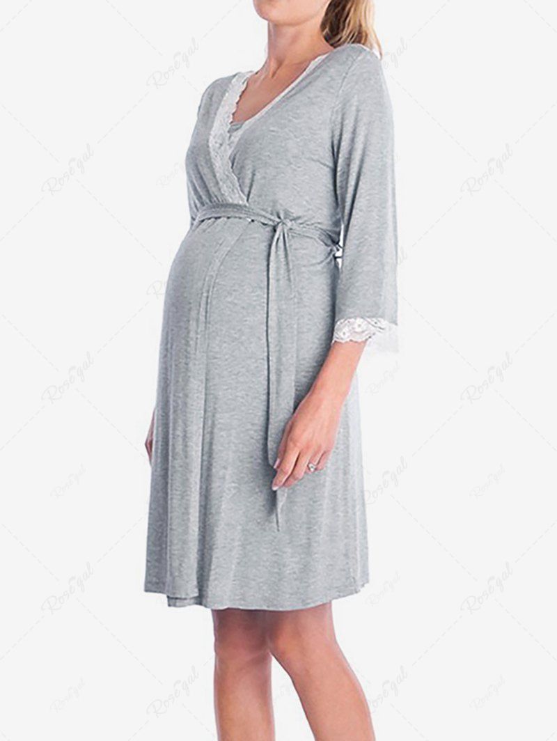 Plus Size Surplice Floral Lace Trim Maternity Nightdress With A Tie Belt Gris Clair XL