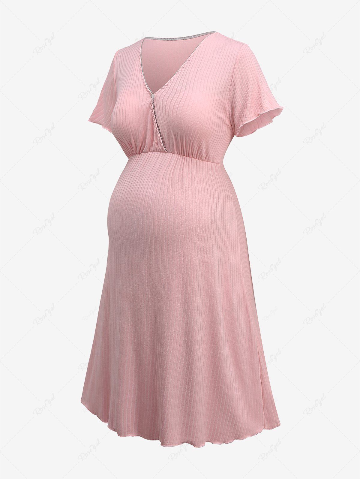Latest Plus Size Surplice Ruffles Button Ribbed Textured Maternity Dress  