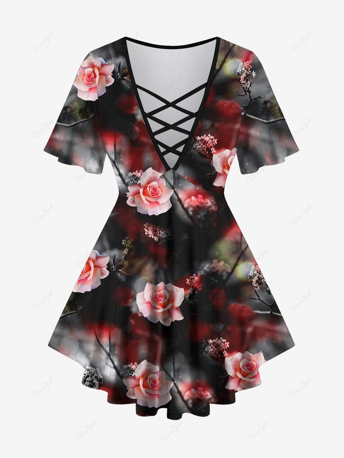 Outfit Plus Size Ombre Flower Print Lattice Top  