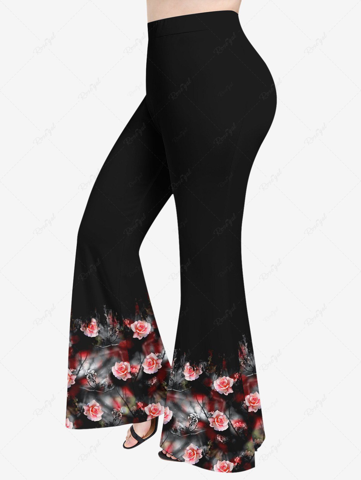 Latest Plus Size Ombre Rose Flower Print Flare Pants  