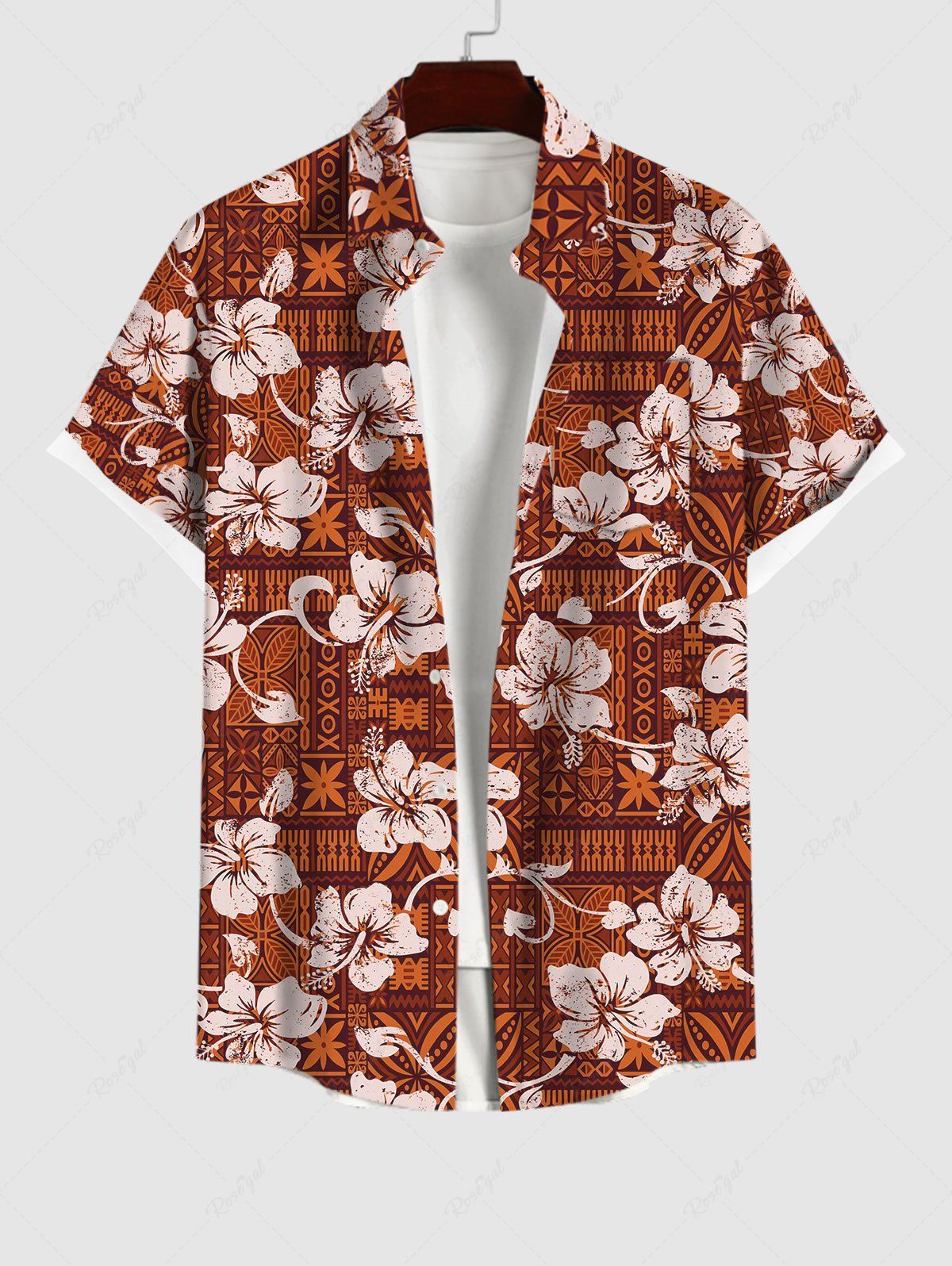 Hawaii Plus Size Turn-down Collar Vintage Floral Patternblock Graphic Print Button Pocket Shirt For Men Rouge L