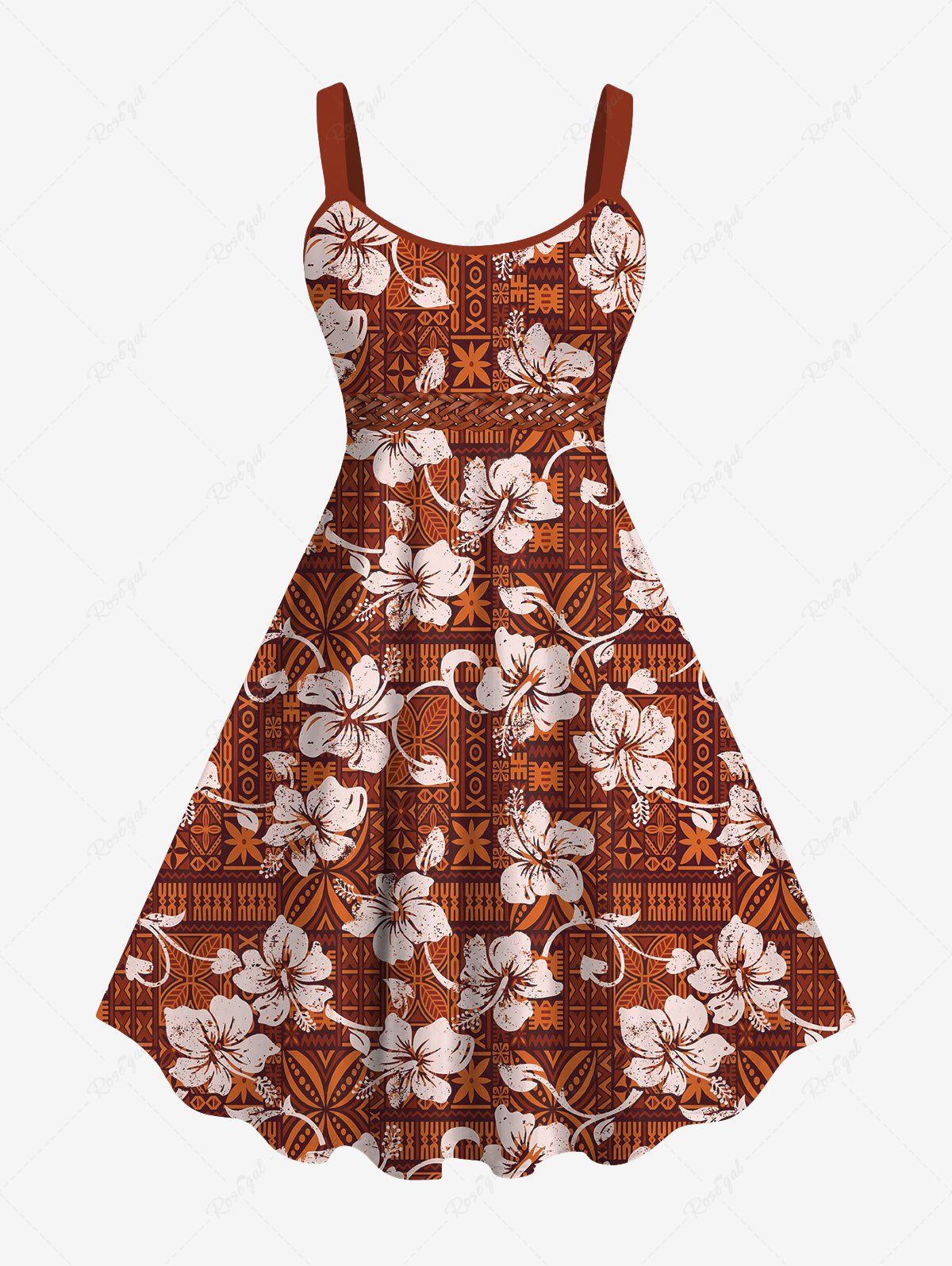 Chic Hawaii Plus Size Vintage Floral Patternblock Graphic Print Backless A Line Tank Dress  