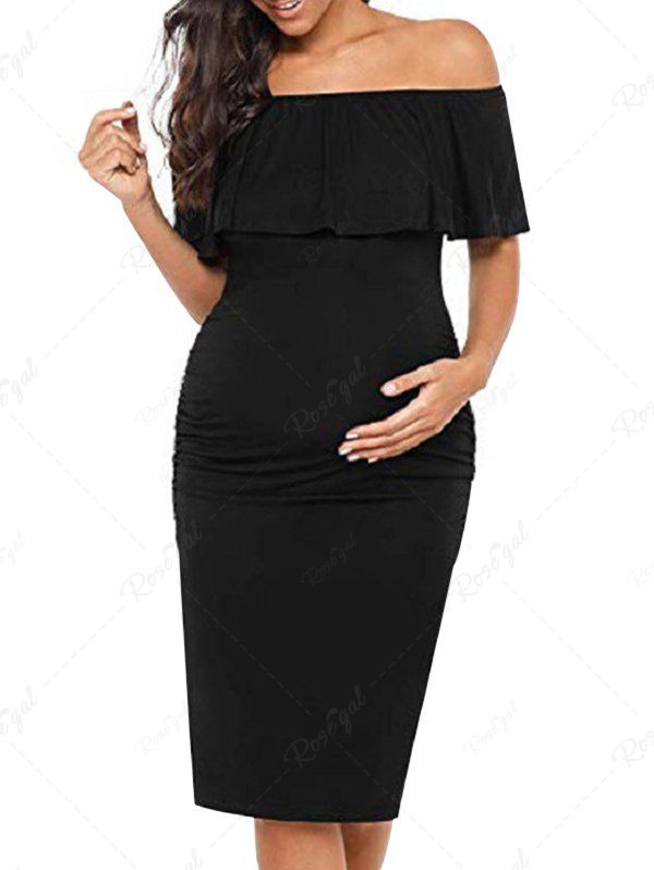 Plus Size Ruched Solid Color Ruffles Bertha Collar Maternity Dress Noir L
