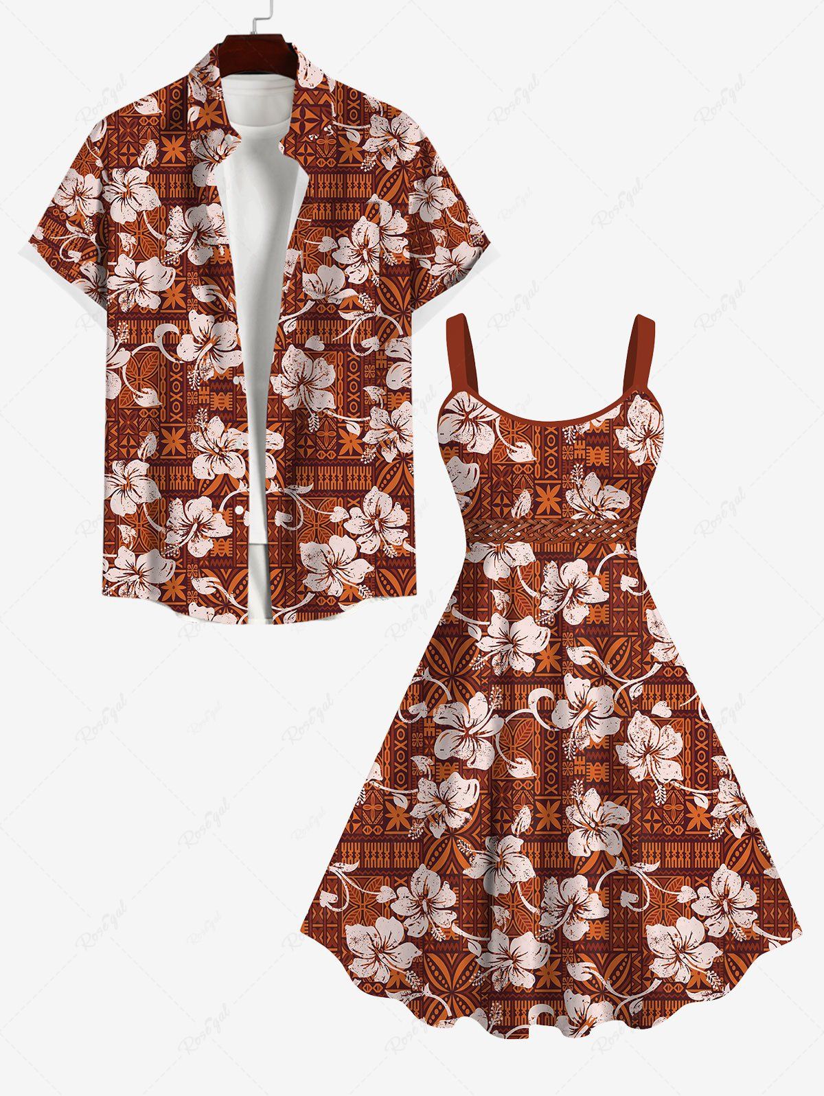 Cheap Vintage Floral Patternblock Graphic Print Backless Dress and Button Shirt Plus Size Matching Hawaii Beach Outfit for Couples  