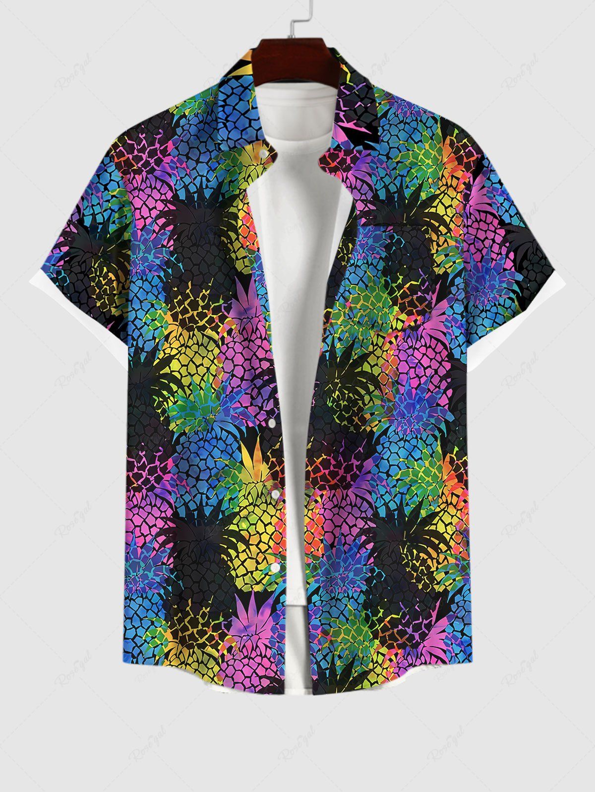 Hawaii Plus Size Turn-down Collar Pineapple Colorblock Print Button Pocket Shirt For Men Noir XL