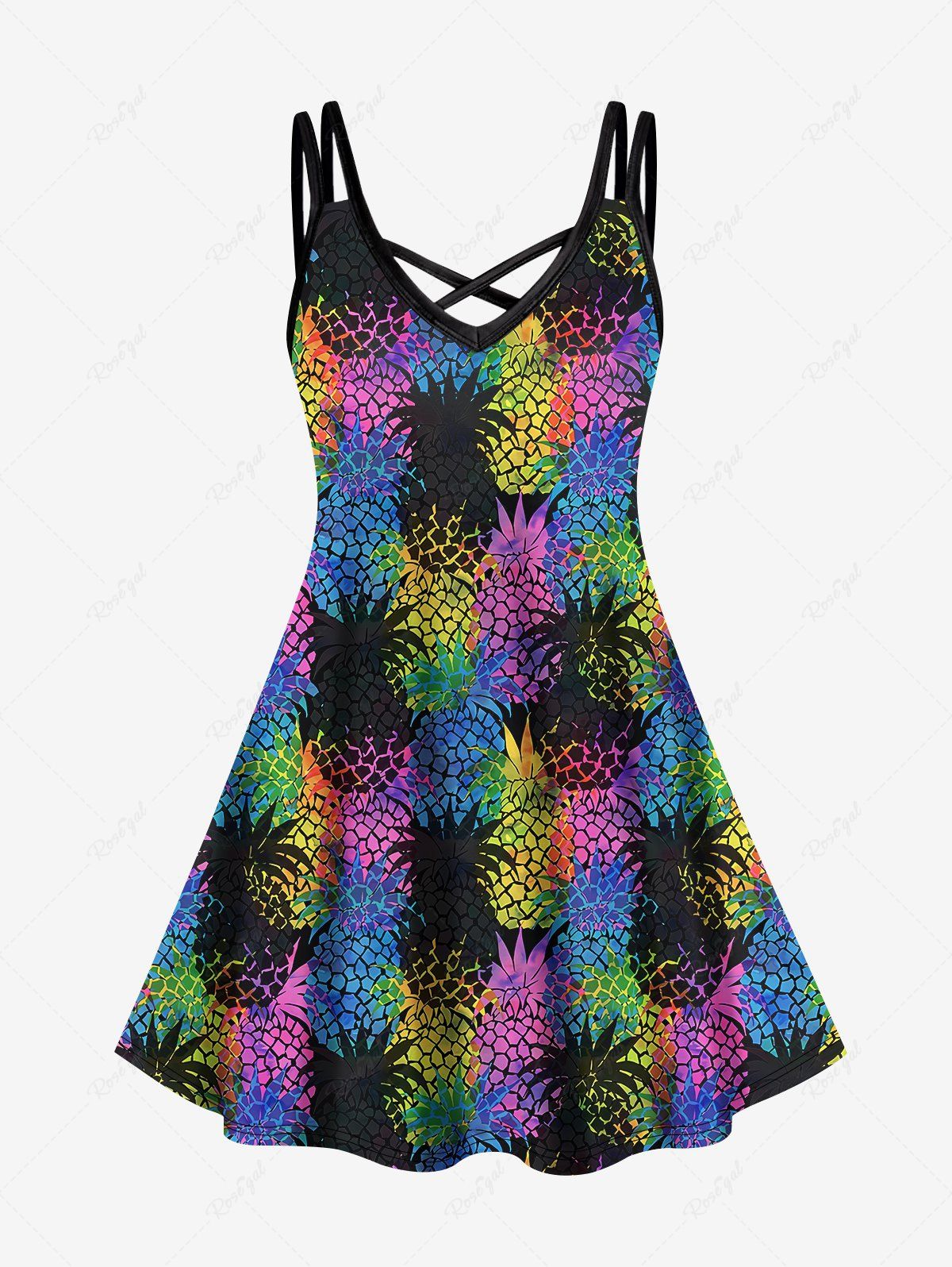 Trendy Hawaii Plus Size Colorful Pineapple Colorblock Print Crisscross Cami Dress  