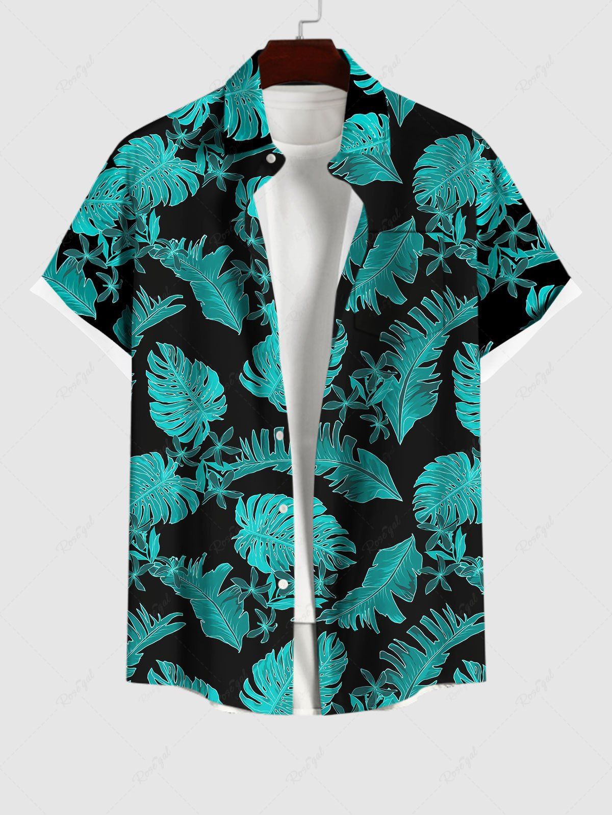 Hawaii Men's Turn-down Collar Coconut Tree Leaf Print Button Pocket Shirt Noir 4XL