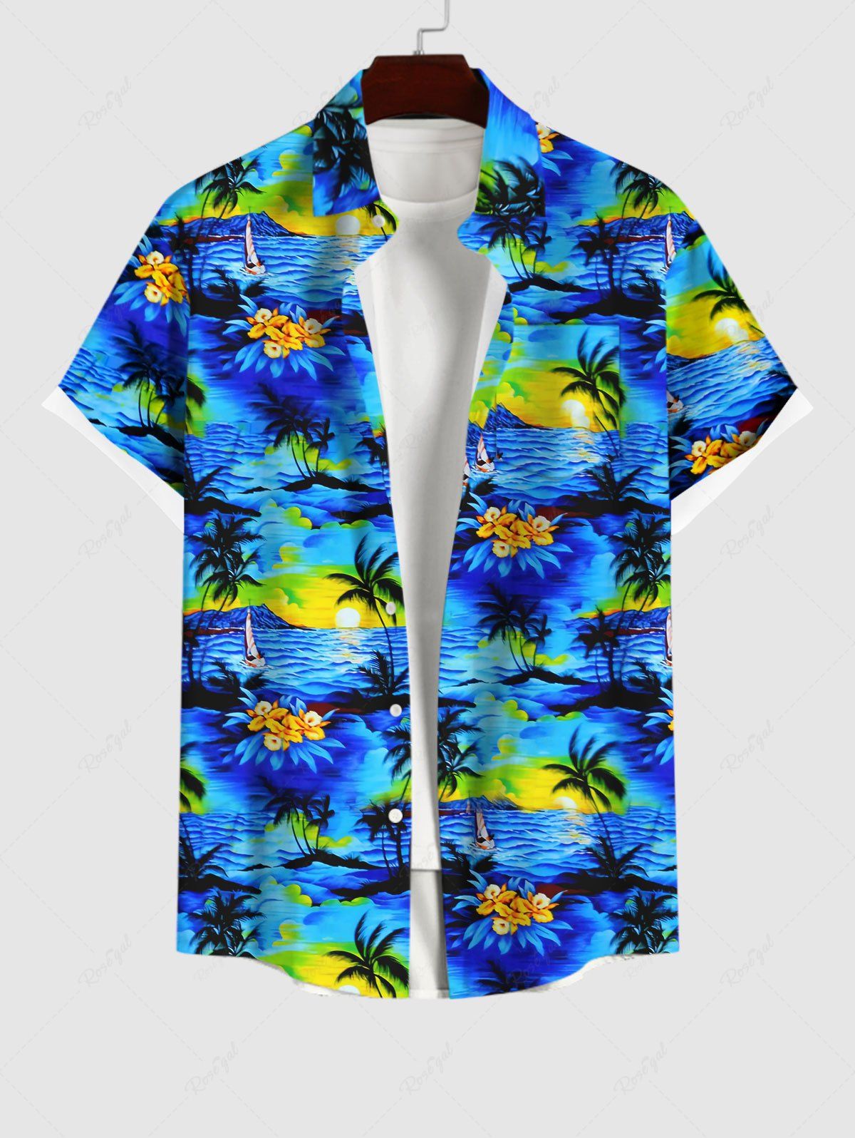 Buy Hawaii Men's Coconut Tree Sea Sun Floral Print Button Pocket Shirt  