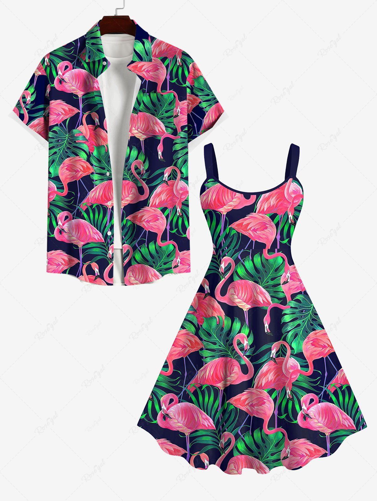Fancy Flamingo Coconut Tree Leaf Print Backless Dress and Button Shirt Plus Size Matching Hawaii Beach Outfit for Couples  